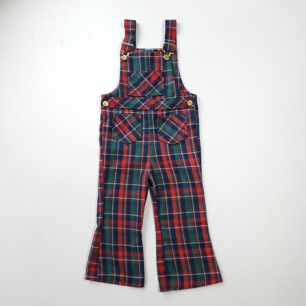 Vintage HealthTex Tartan Plaid Overalls Flare Bell Bottom Green Red Retro Sz 4T